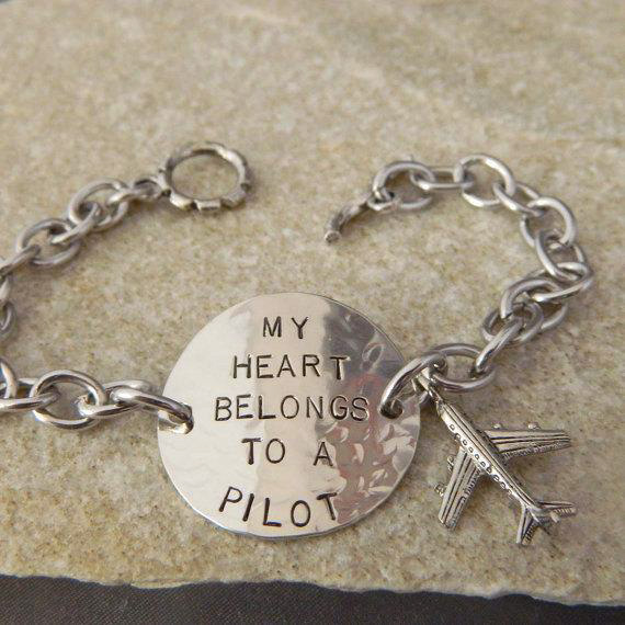 My Heart Belongs to a Pilot Handstamped Bracelet